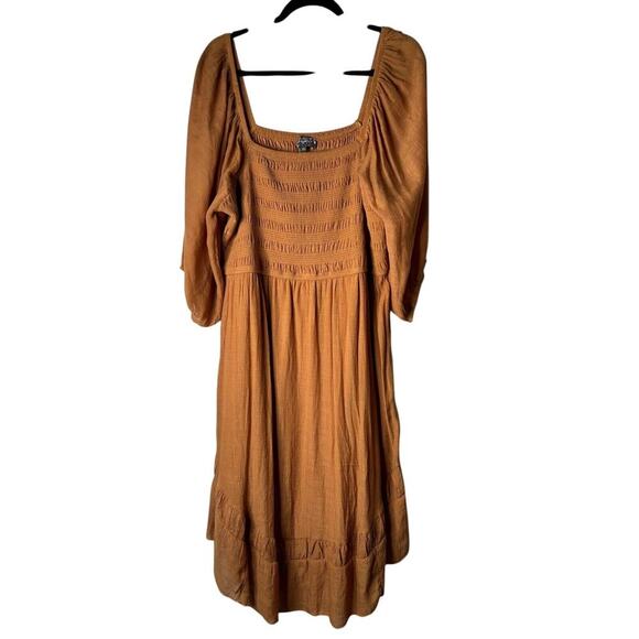 J Gee Dress Women’s Size 2X Terracotta Peasant Boho Tiered Puff Sleeves Smocked - Picture 1 of 13